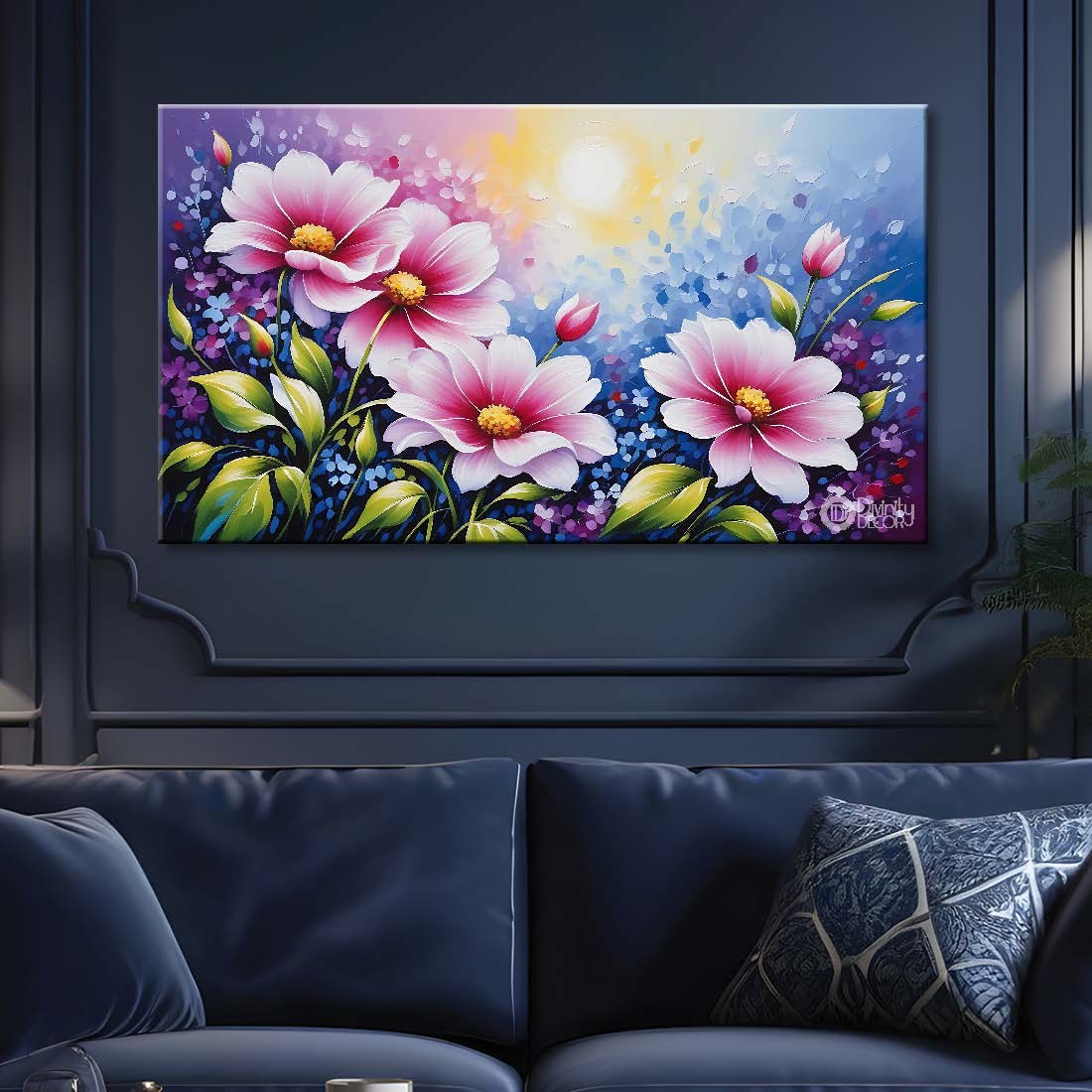 Pink flowers in sky blue background canvas painting- Flower-621