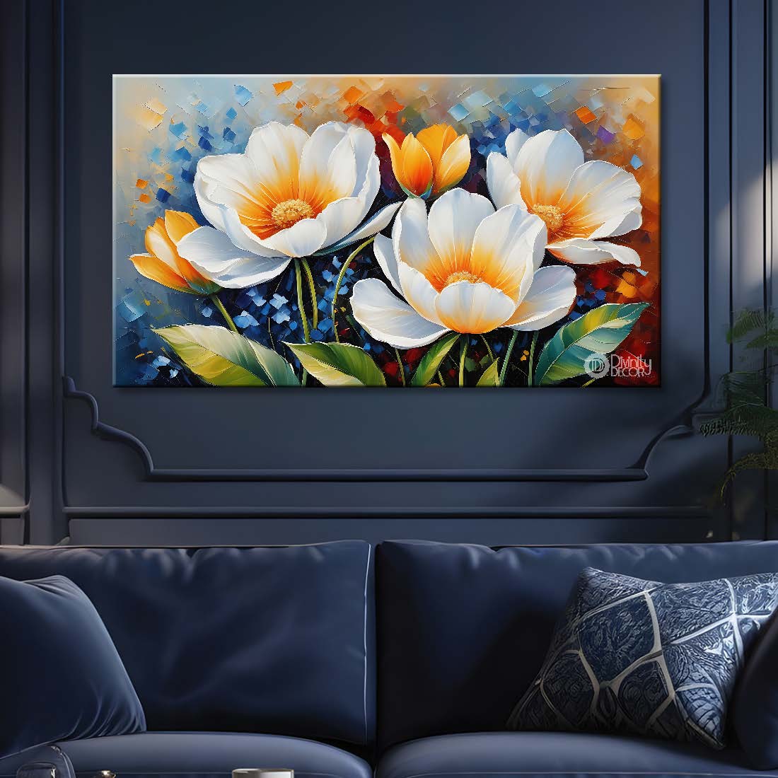 White flowers in blue background canvas painting- Flower-622