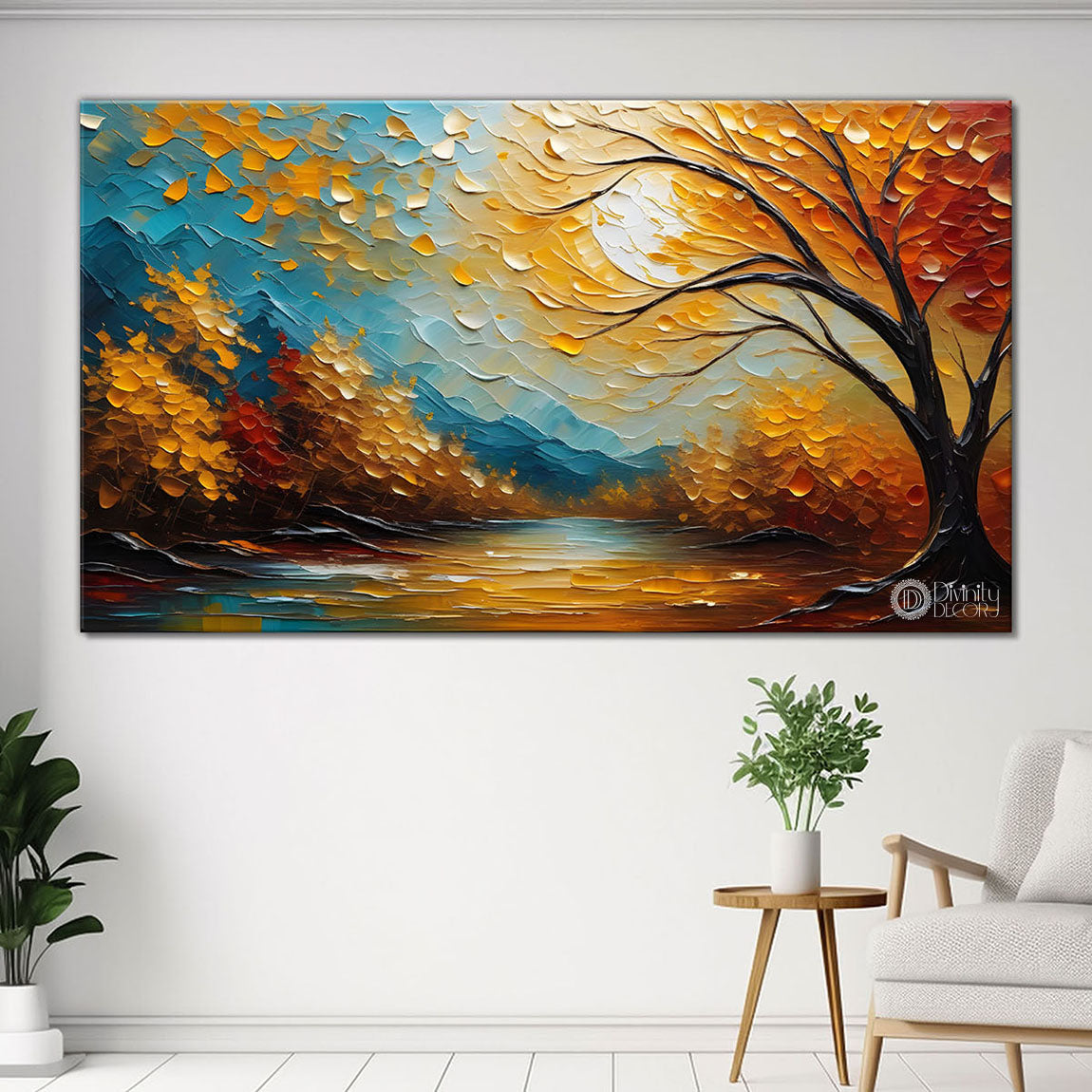 Orange trees with sun and lake painting Canvas Painting - Nature Art -622