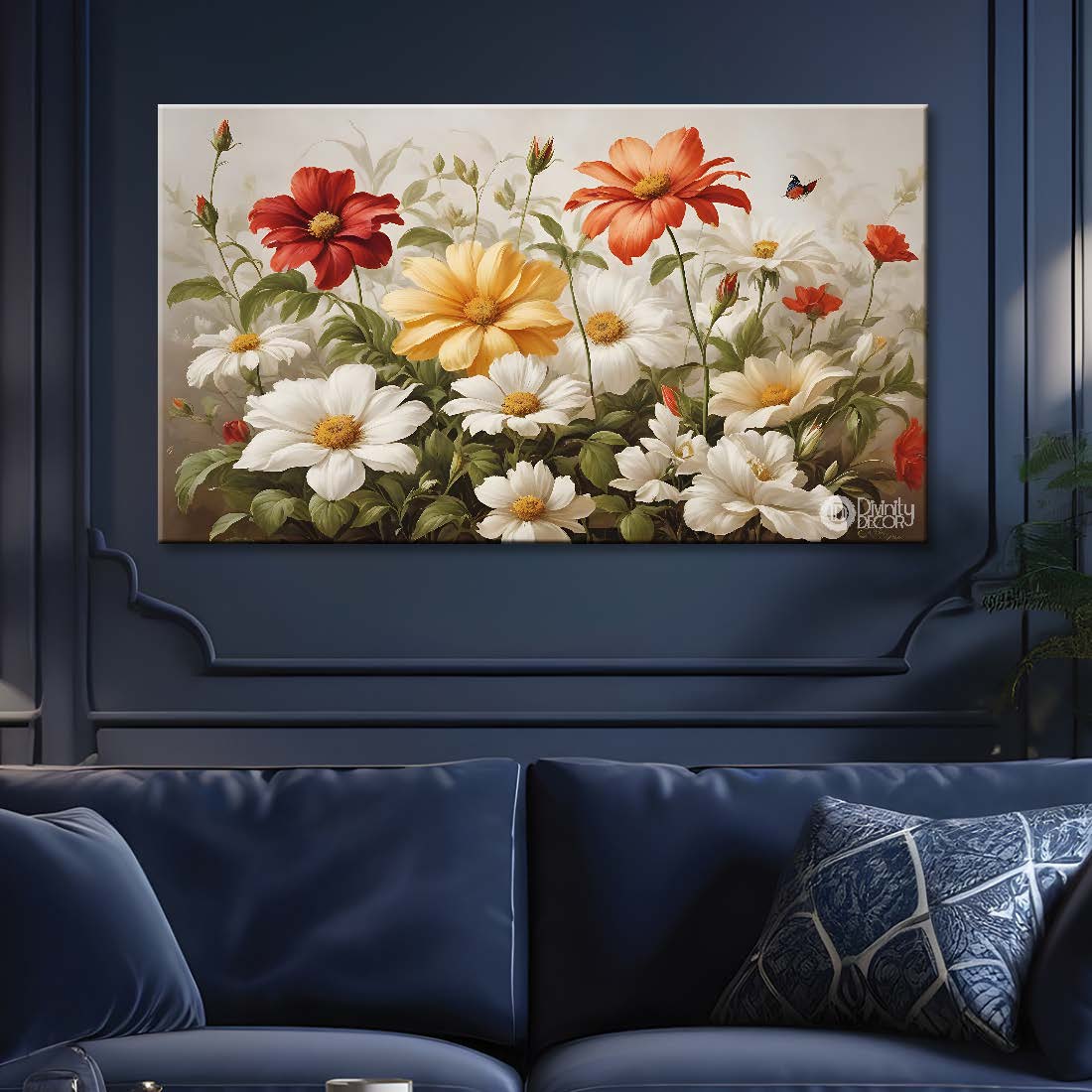 White and red flowers in light background canvas painting- Flower-623
