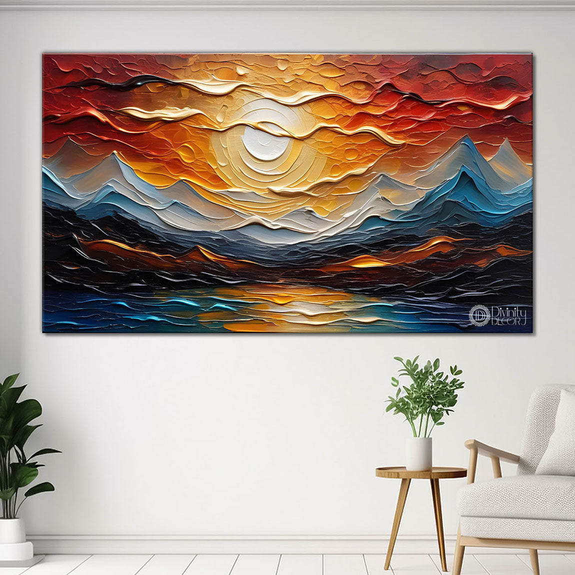 Mountains with sun in orange sky painting Canvas Painting - Nature Art -623