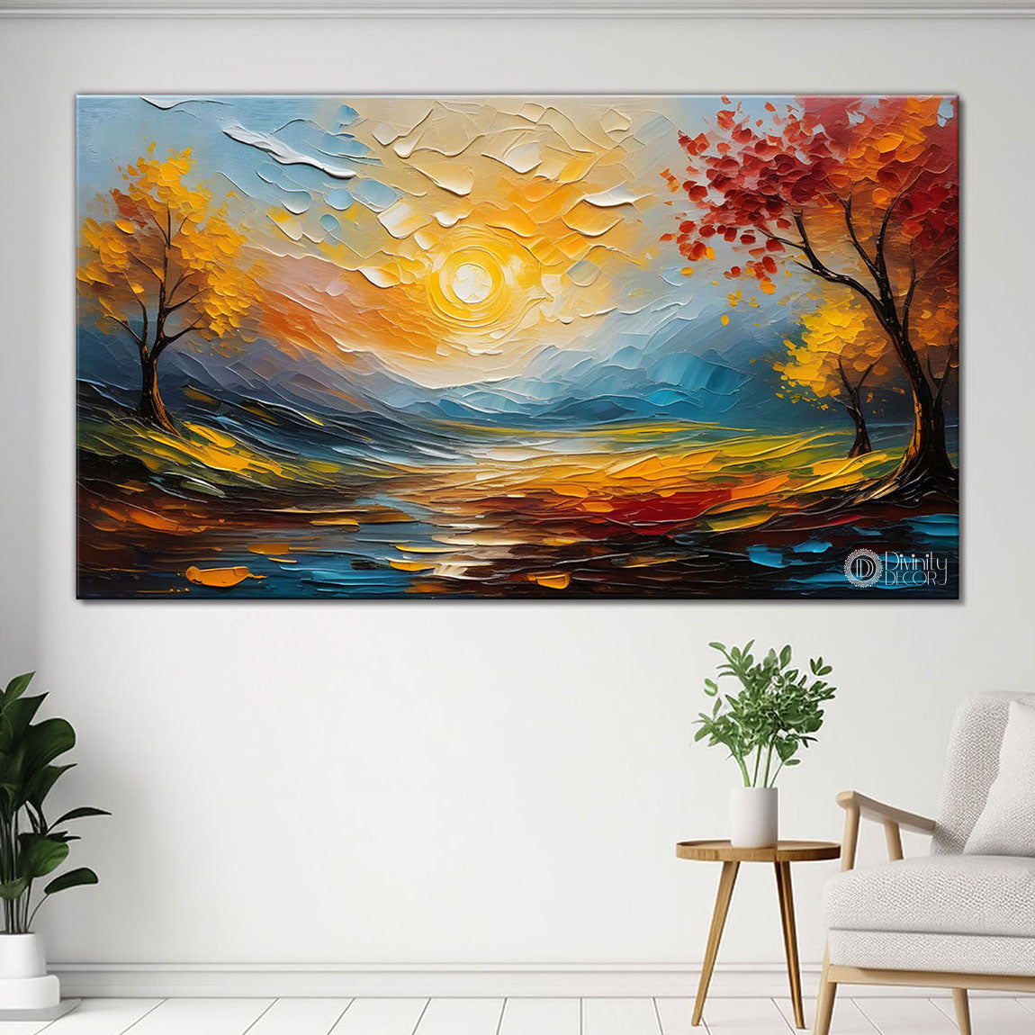 Orange trees with lake painting Canvas Painting - Nature Art -624