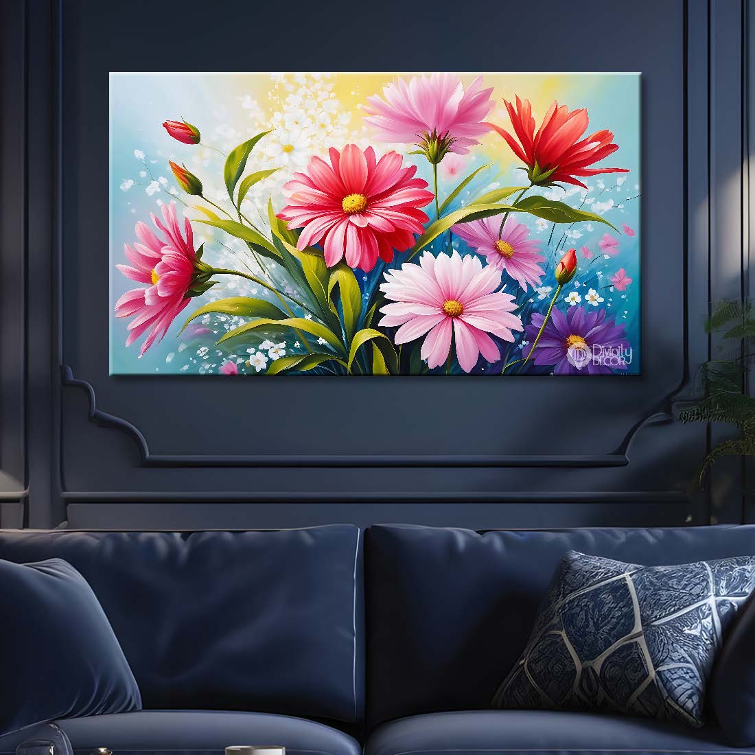 Pink flowers in sky blue background canvas painting- Flower-625