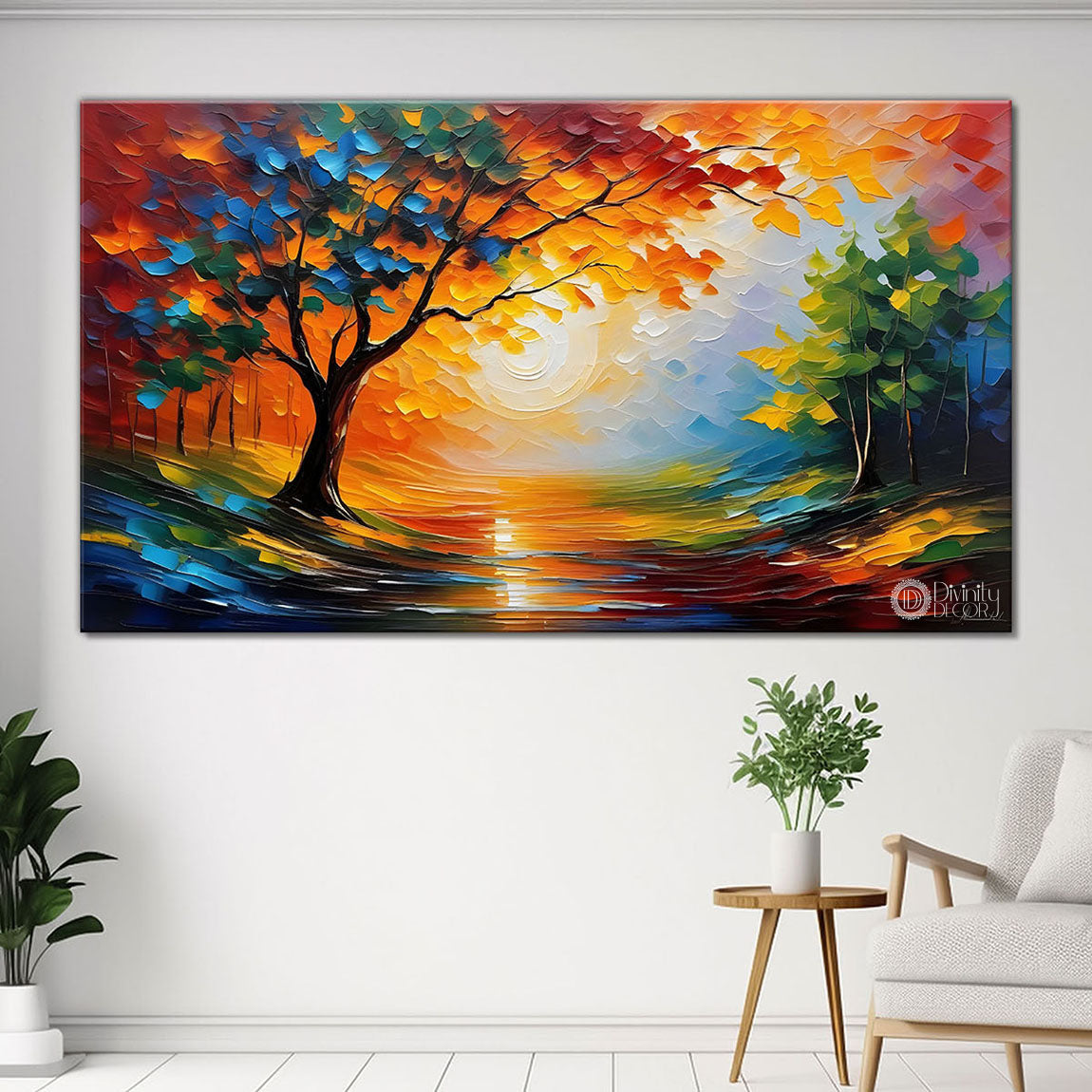 Colorful trees with lake painting Canvas Painting - Nature Art -625