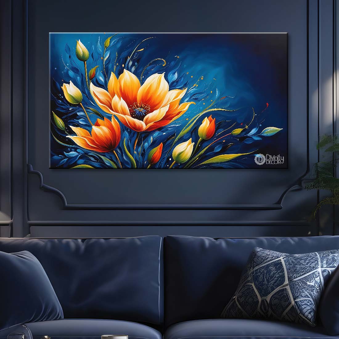 Orange flowers in navy blue background canvas painting- Flower-628
