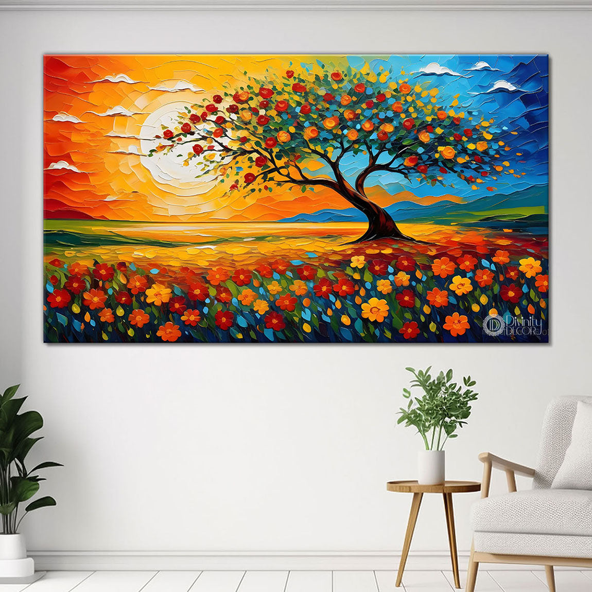 Tree with colorful flowers painting Canvas Painting - Nature Art -628