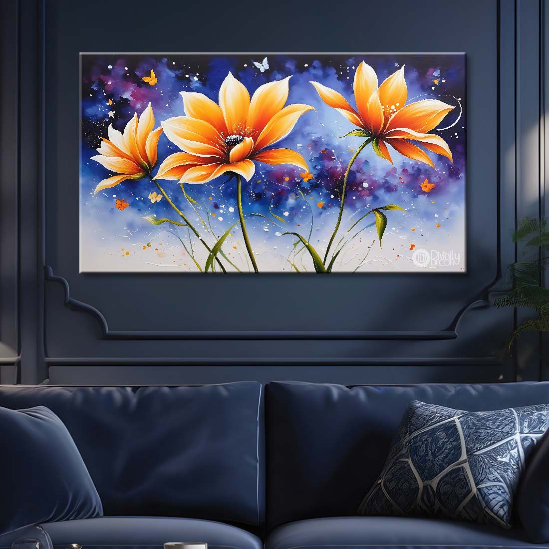 Orange flowers in blue background canvas painting- Flower-629