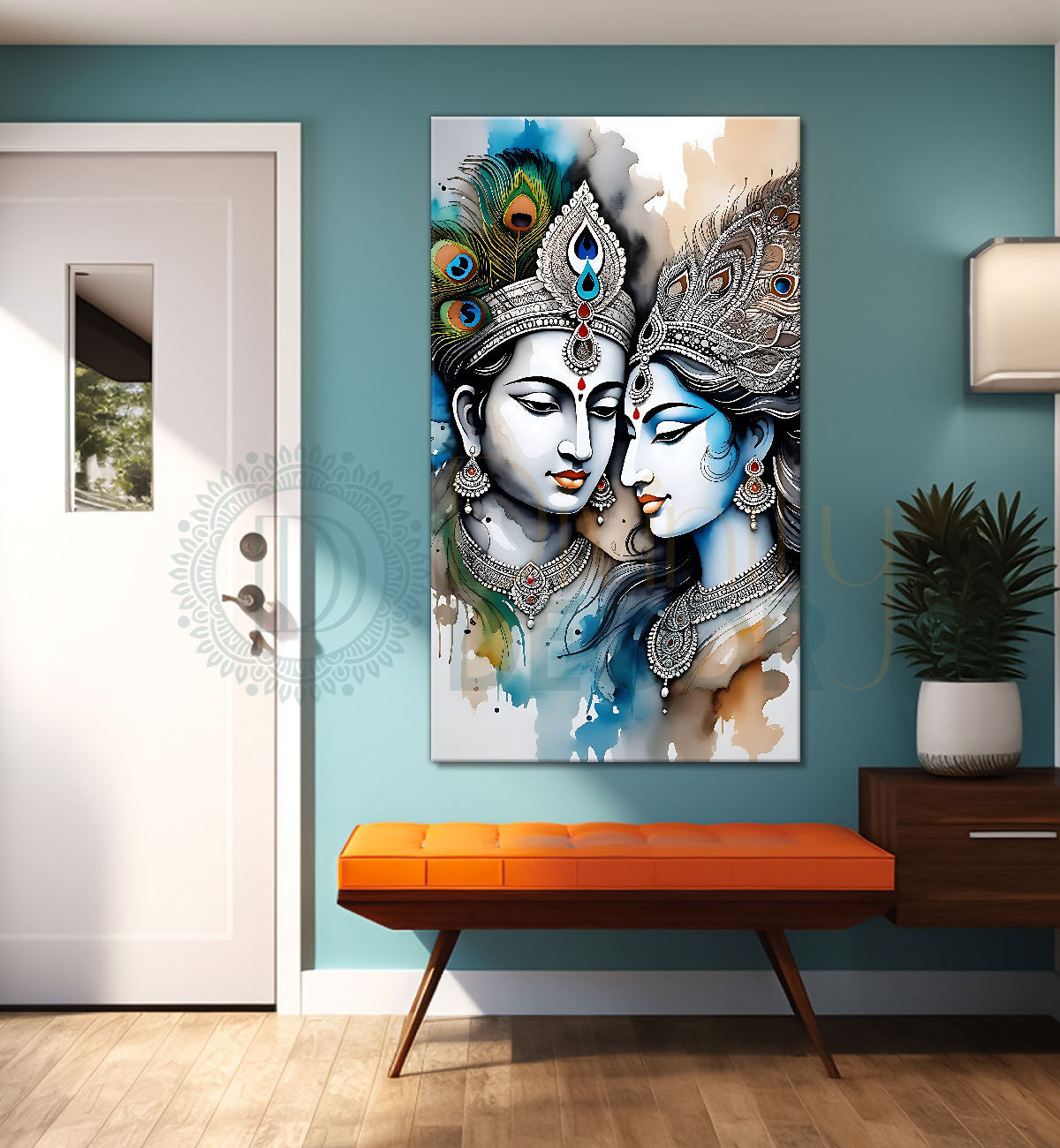 Blue face of krishna with radha in grey and light brown water colour textured art Canvas Painting - Design - Krishna-V-62