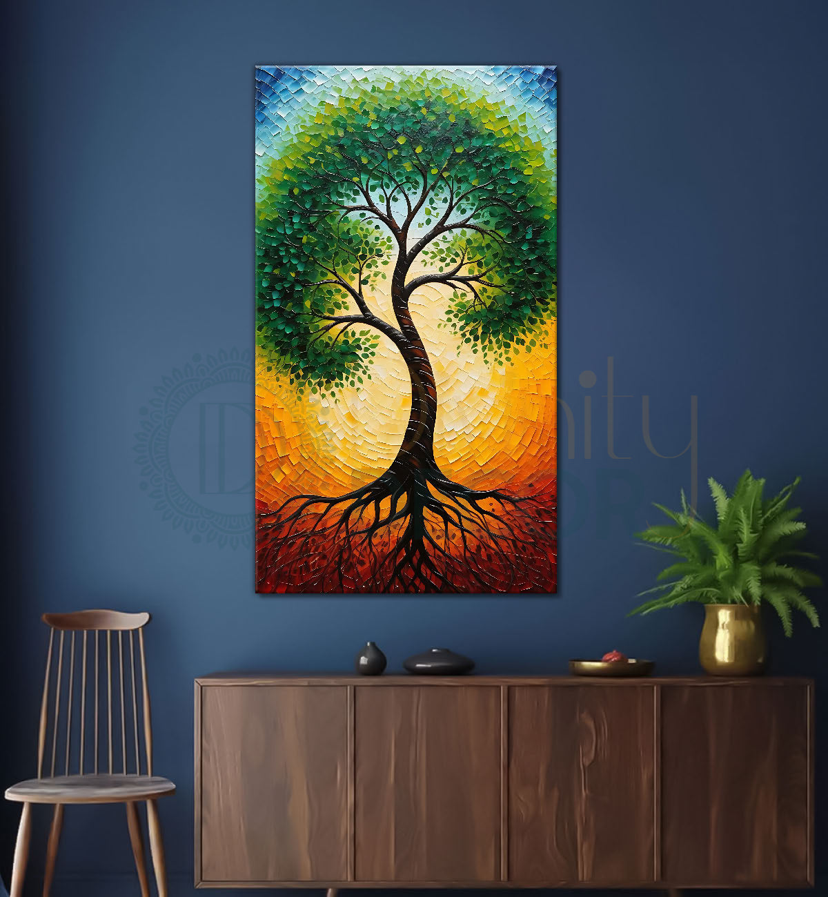 Green Tree in front of sun with bright textured oil painting Canvas painting - Tree-V-62