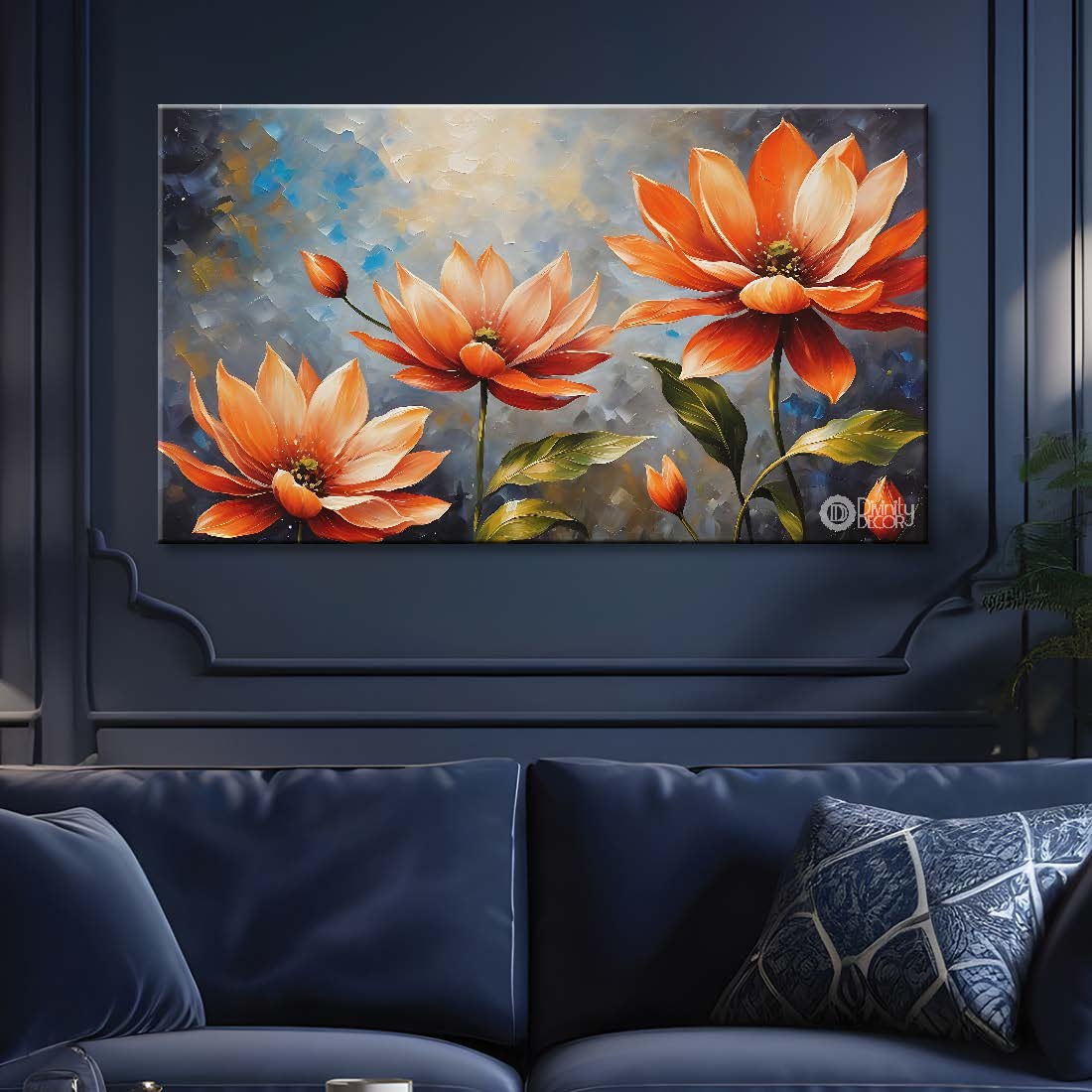Orange flowers in grey background canvas painting- Flower-630