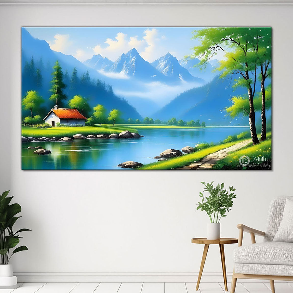 Mountains with greenery and house painting Canvas Painting - Nature Art -630