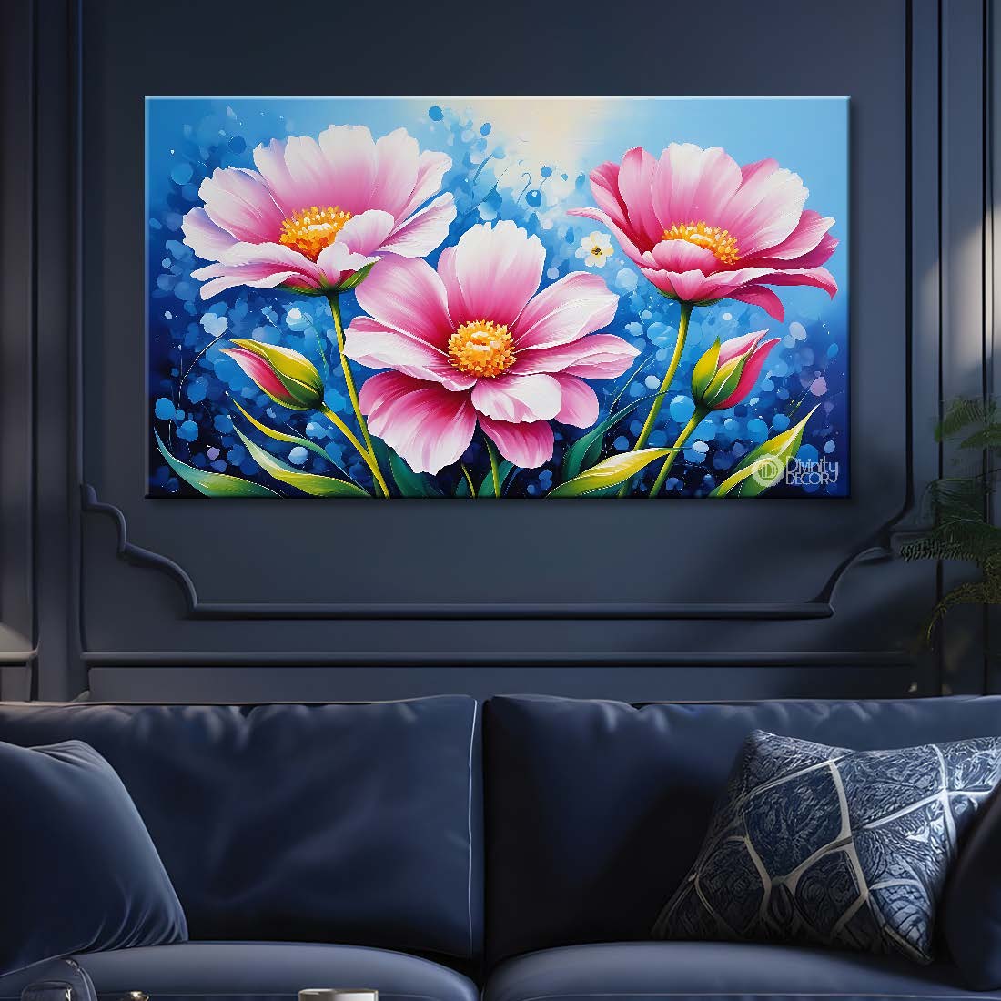 Pink flowers in sky blue background canvas painting- Flower-632