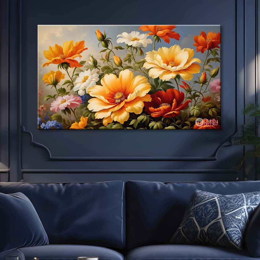 Colorful flowers in grey background canvas painting- Flower-634