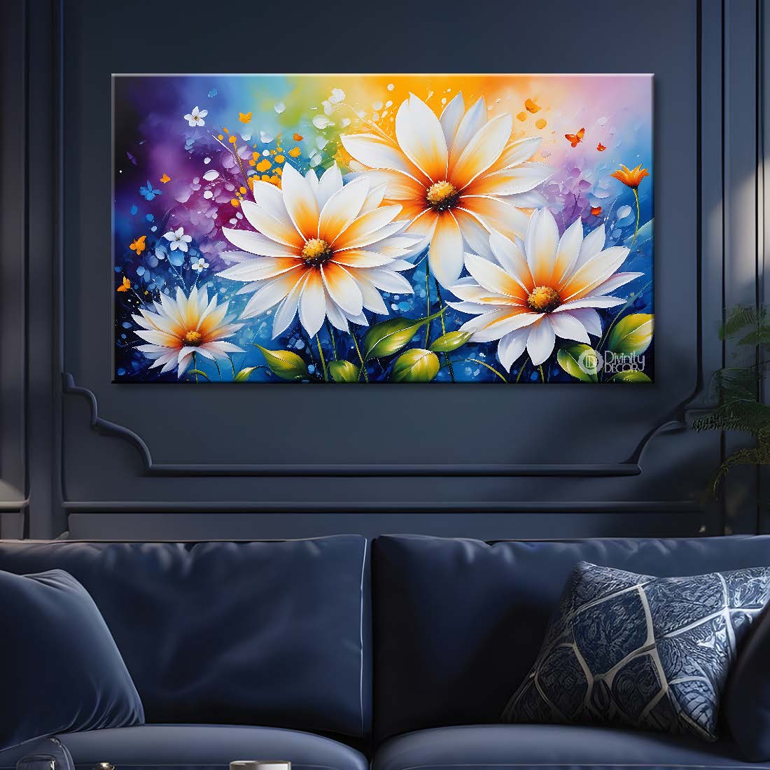 White flowers in colorful background canvas painting- Flower-635