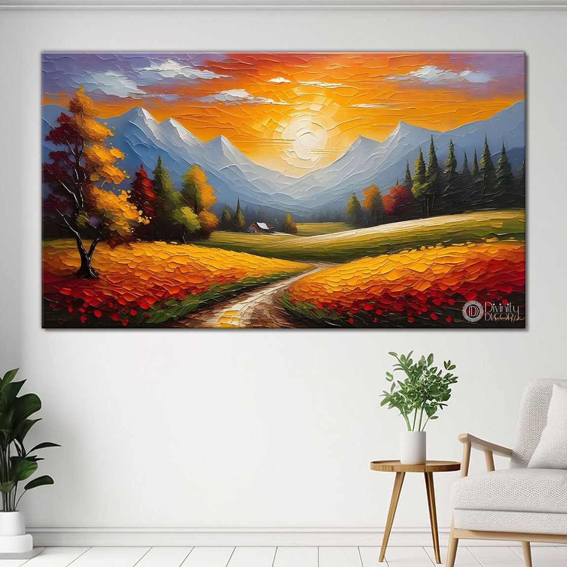 Mountains with trees and sunset painting Canvas Painting - Nature Art -635