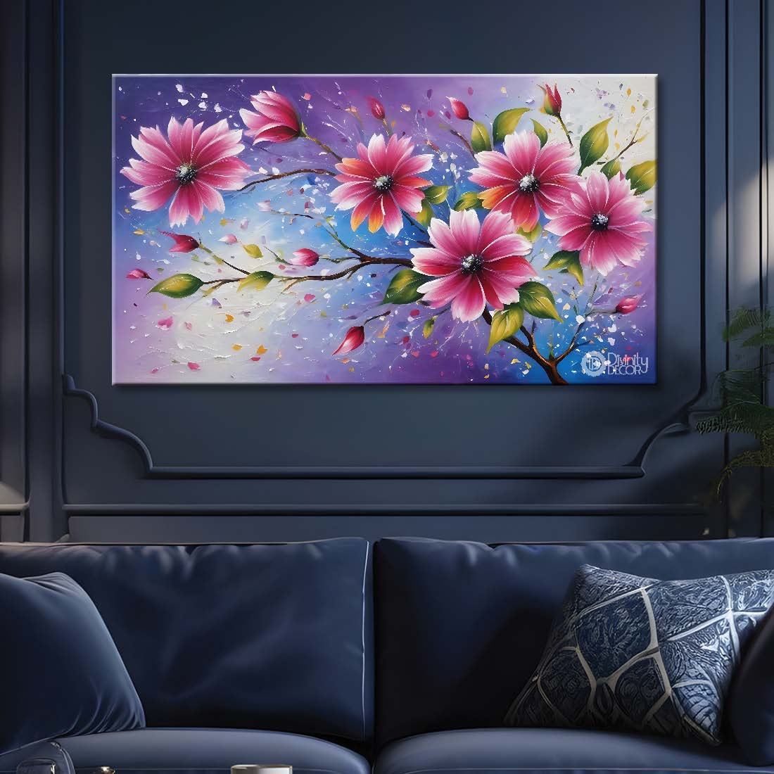 Pink flowers in purple background canvas painting- Flower-636