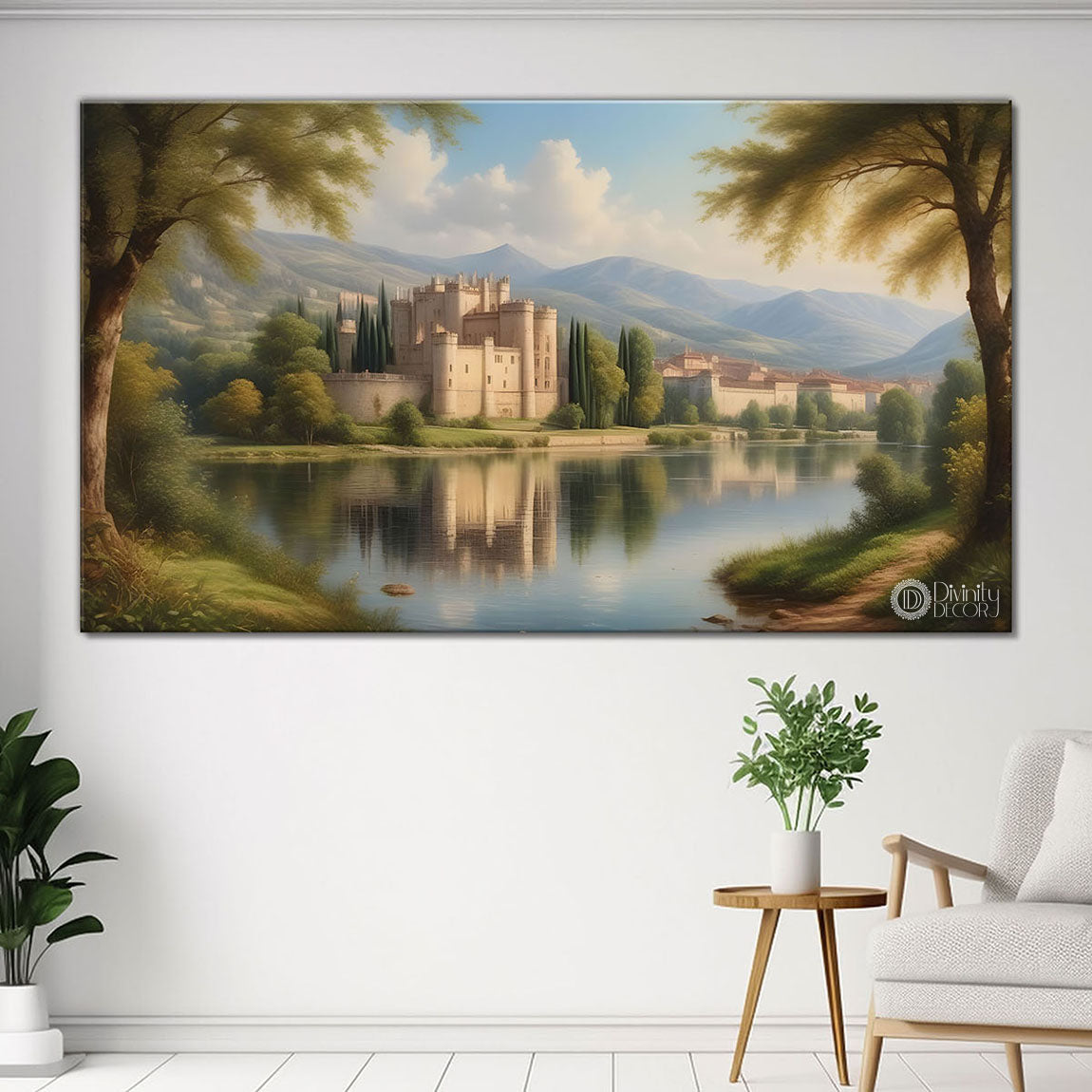 Castle in greenery with lake painting Canvas Painting - Nature Art -636