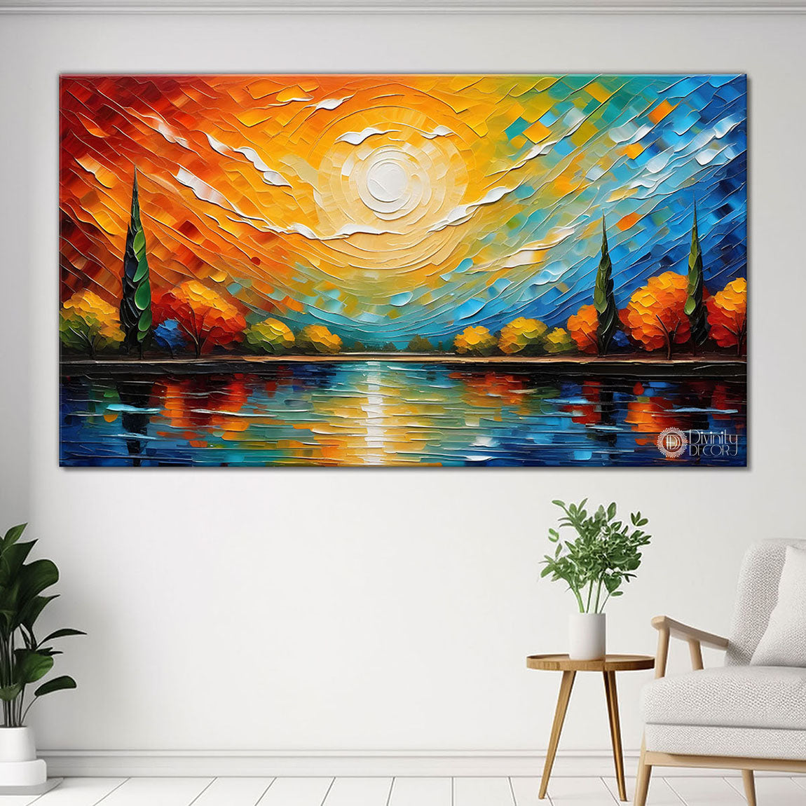 Trees with colorful sky and lake painting Canvas Painting - Nature Art -637