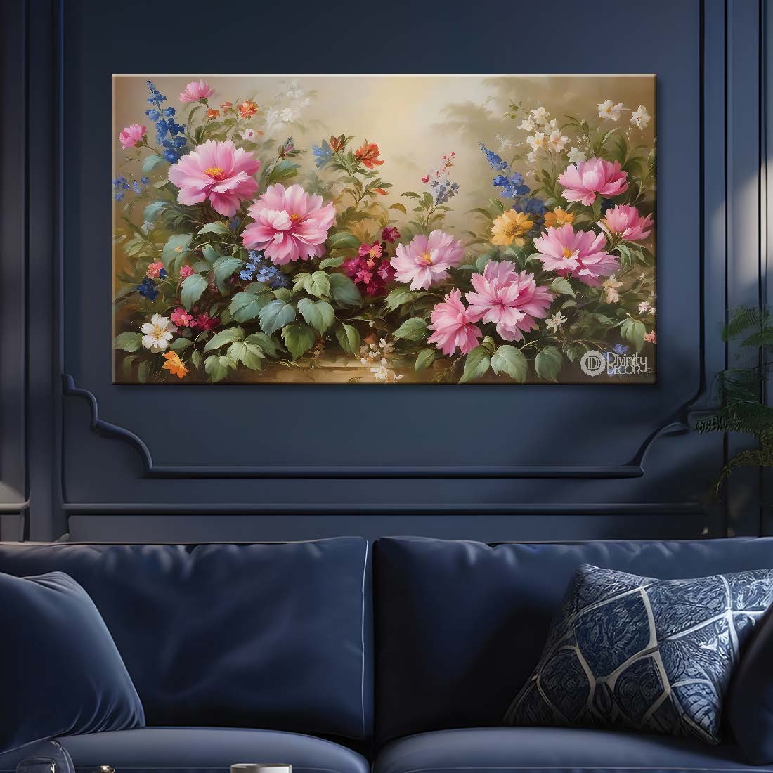 Pink flowers in grey background canvas painting- Flower-639
