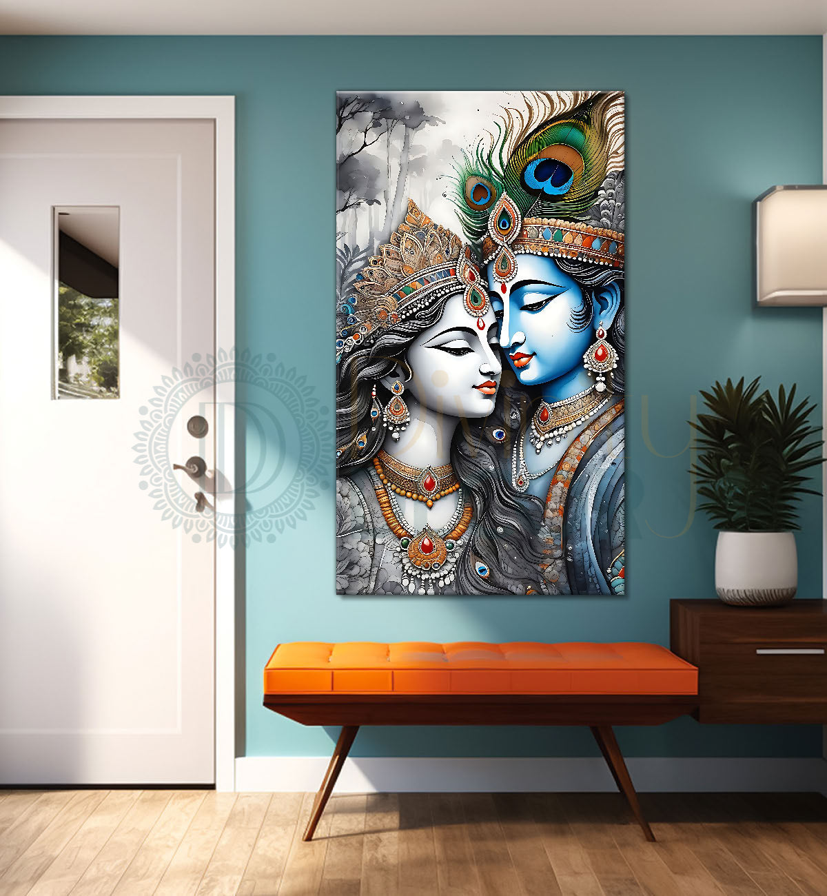 Blue face of krishna with radha in grey and light brown water colour textured art Canvas Painting - Design - Krishna-V-63