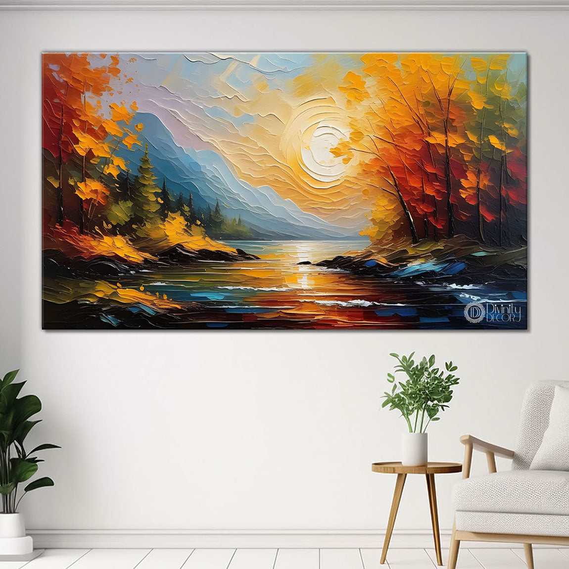 Orange trees with lake sun painting Canvas Painting - Nature Art -640