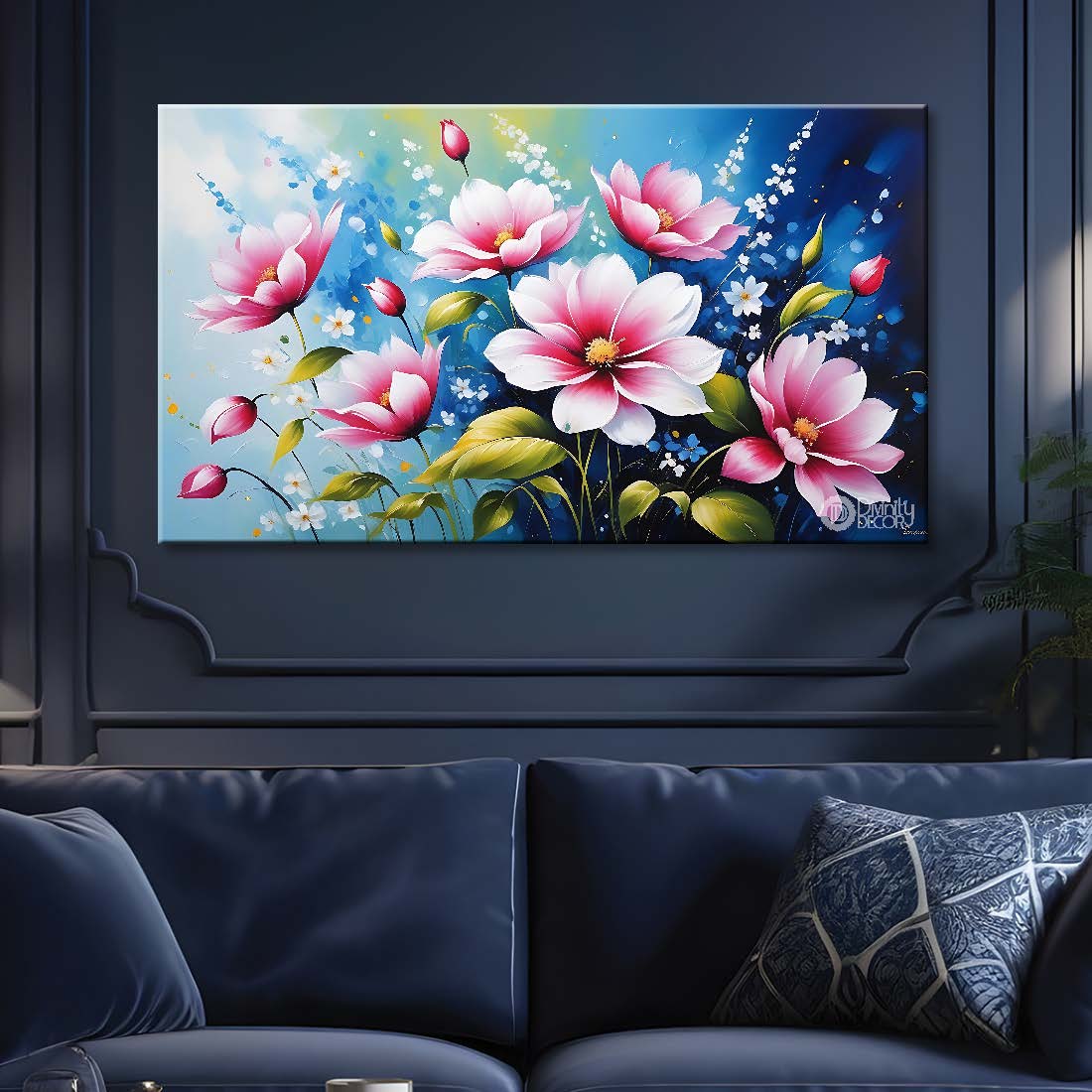 Pink flowers in sky blue background canvas painting- Flower-641