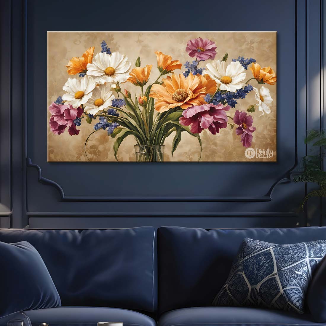 White yellow flowers in light brown background canvas painting- Flower-642