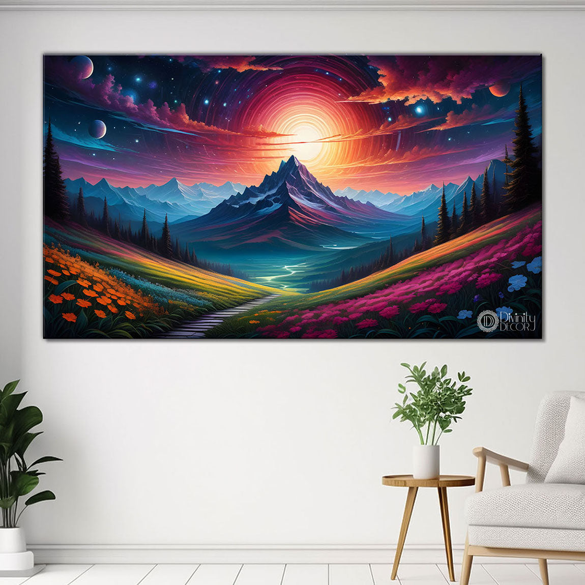 Mountains with sun in dark background painting Canvas Painting - Nature Art -643