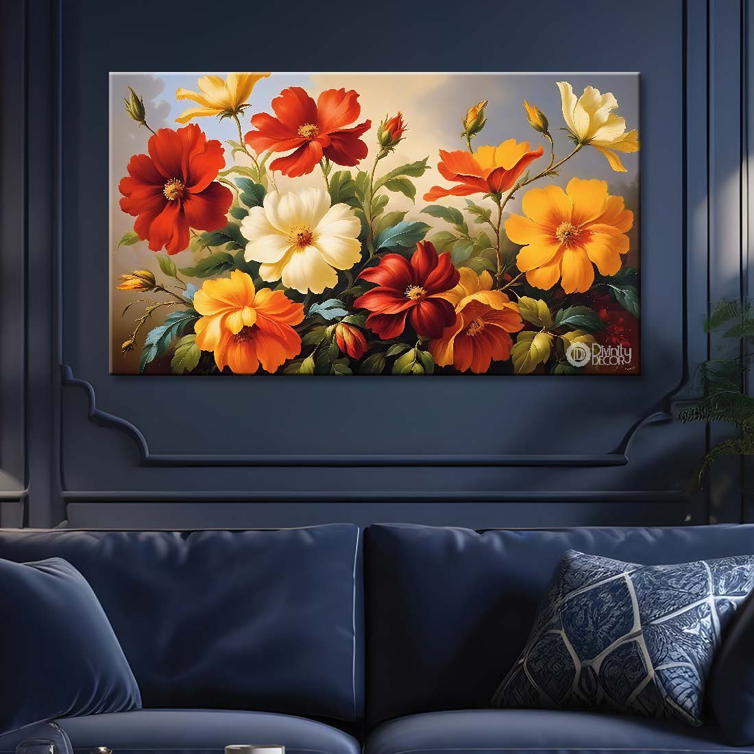 Colorful flowers in grey background canvas painting- Flower-644