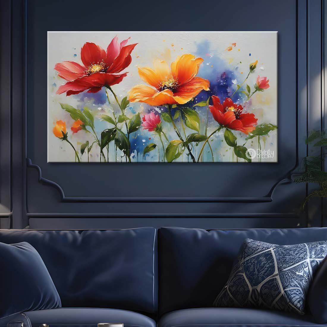 Colorful flowers in grey background canvas painting- Flower-645