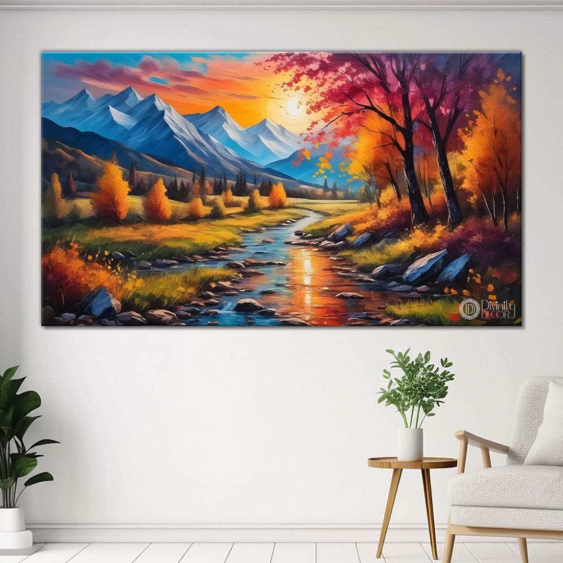 Orange trees with lake painting Canvas Painting - Nature Art -645