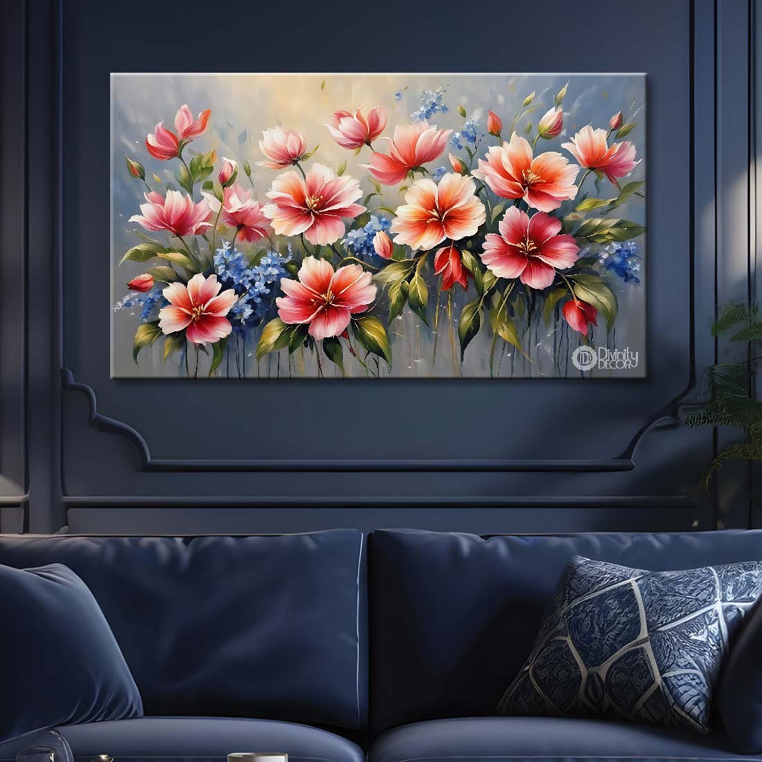 Pink flowers in grey background canvas painting- Flower-646