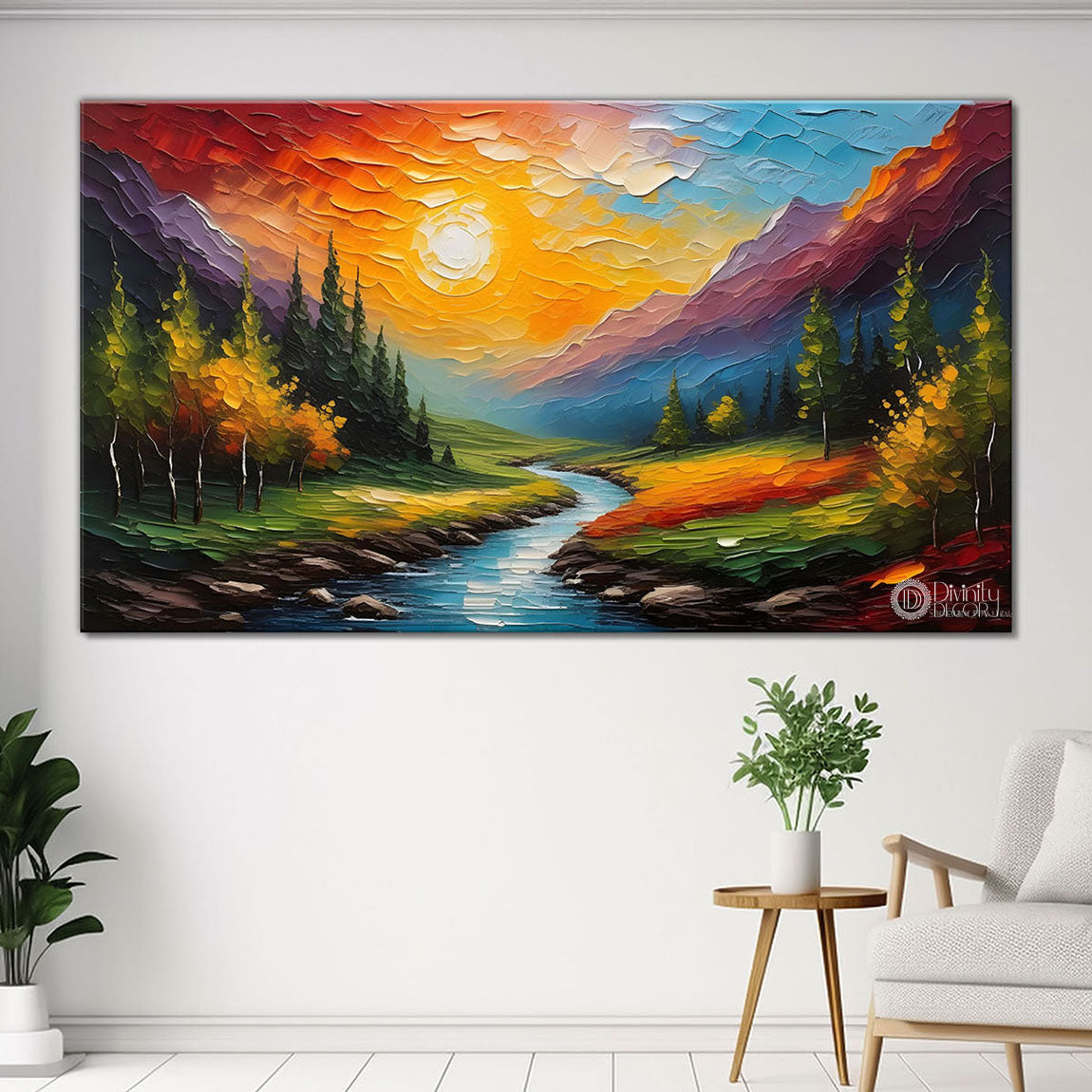 Mountains with trees and lake with sun painting Canvas Painting - Nature Art -646