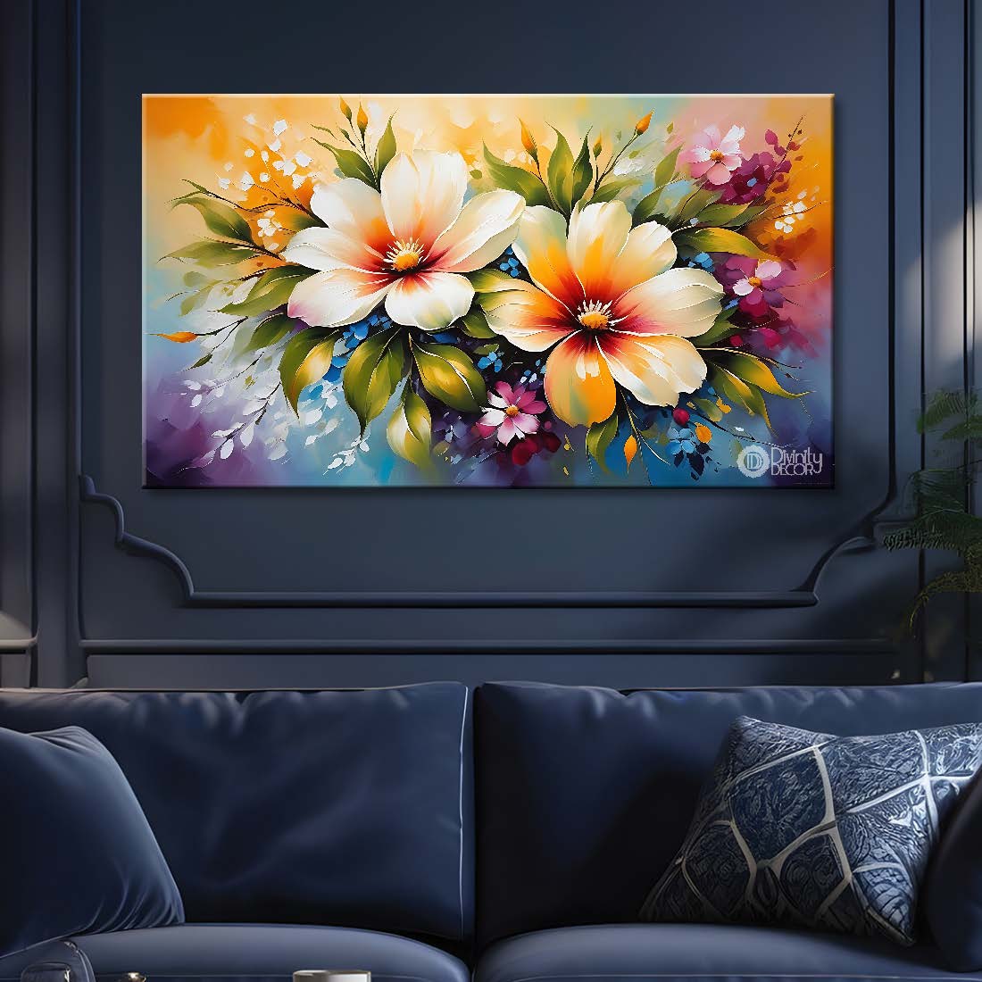White flowers in sky blue background canvas painting- Flower-647