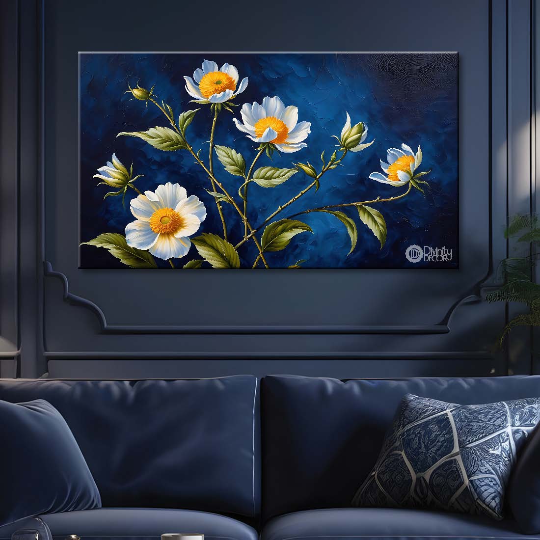 White flowers in navy blue background canvas painting- Flower-648