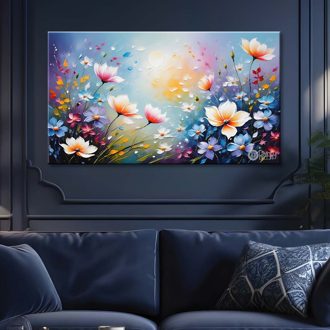 White flowers in sky blue background canvas painting- Flower-649