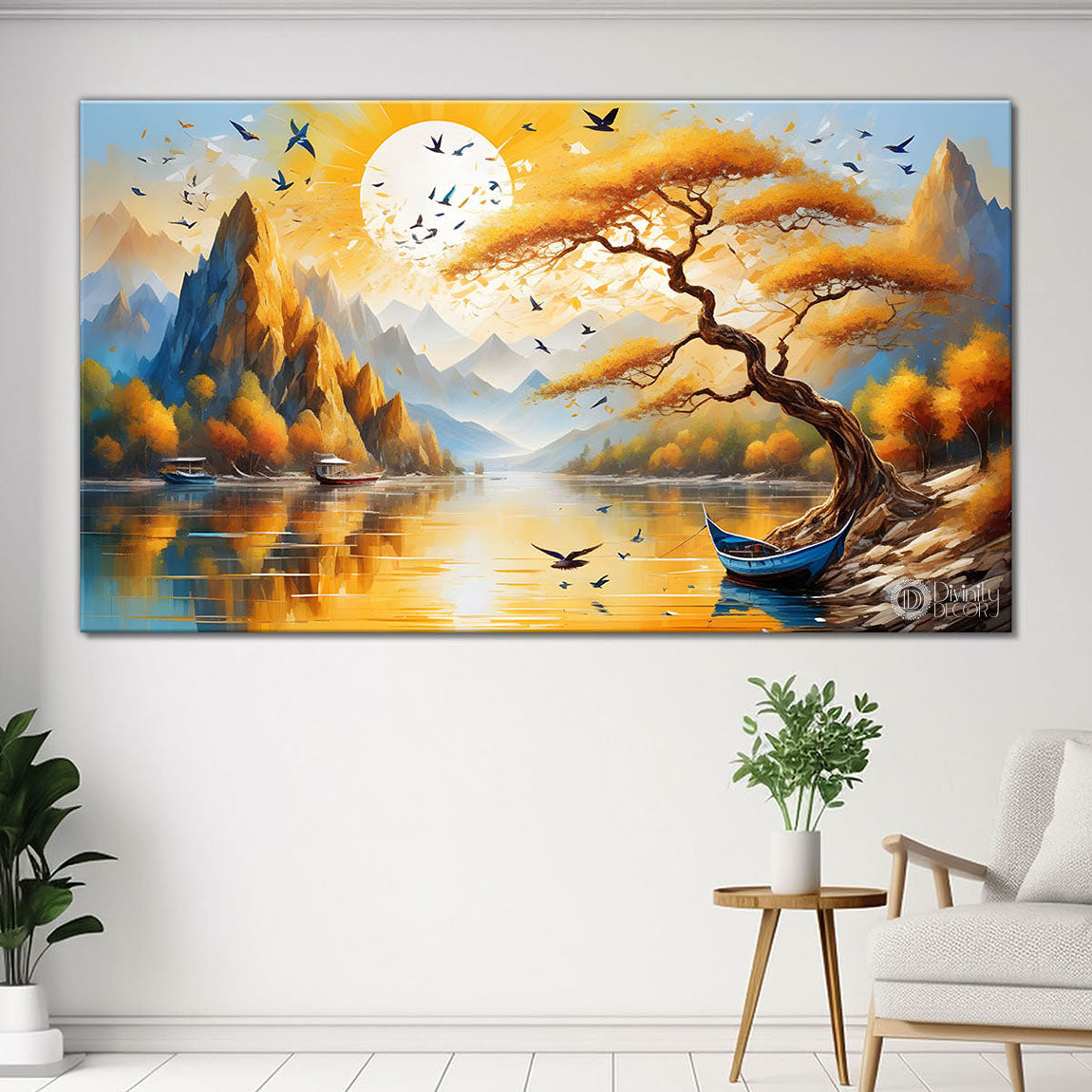 Yellow trees with lake painting Canvas Painting - Nature Art -649
