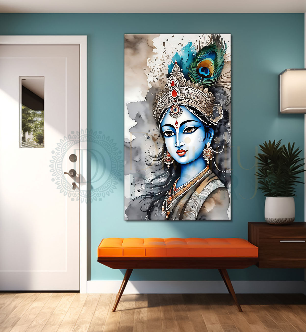 Blue face of krishna in grey and light brown water colour textured art Canvas Painting - Design - Krishna-V-64