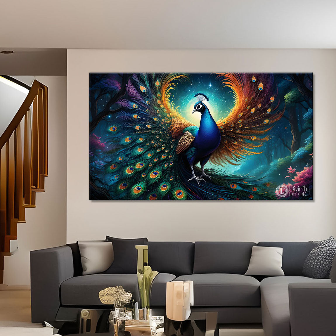 Peacock in bright green colors oil painting Canvas Painting - Design - Peacock-65