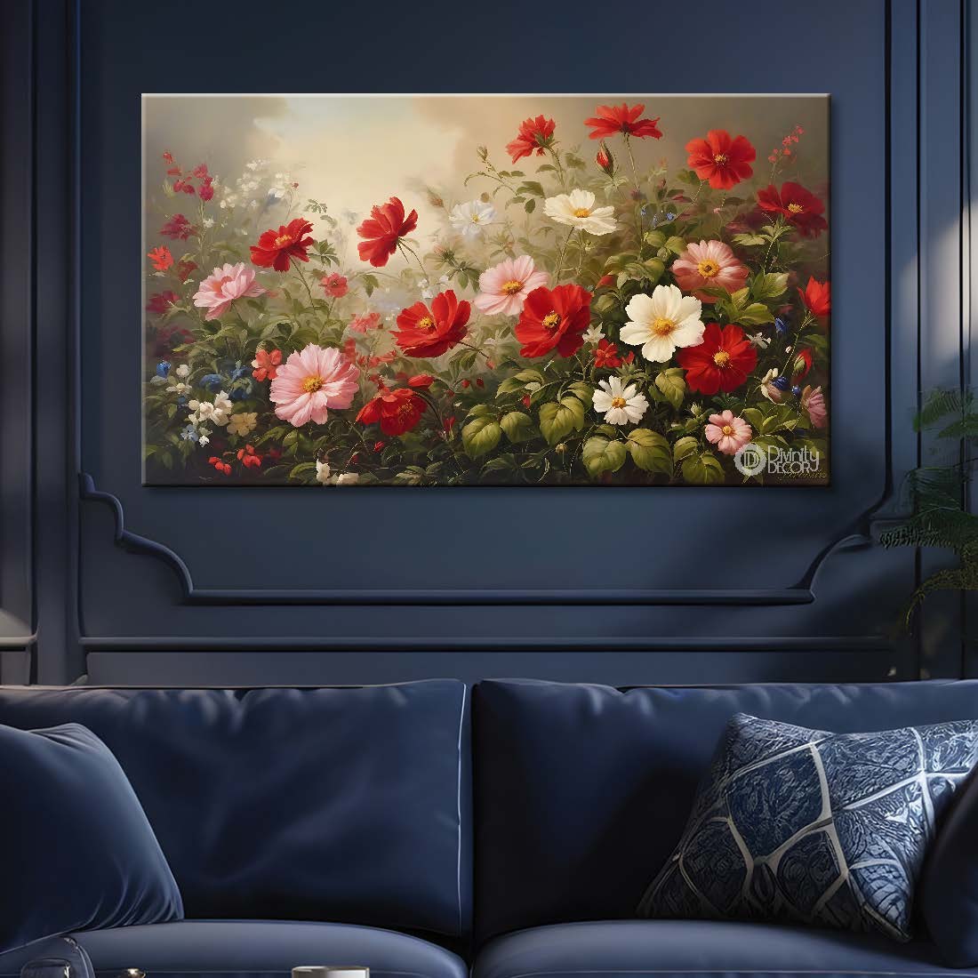 Red and pink flowers in light brown background canvas painting- Flower-651