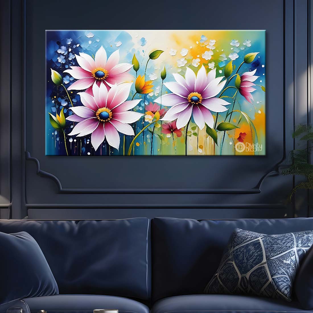 Pink flowers in sky blue background canvas painting- Flower-652