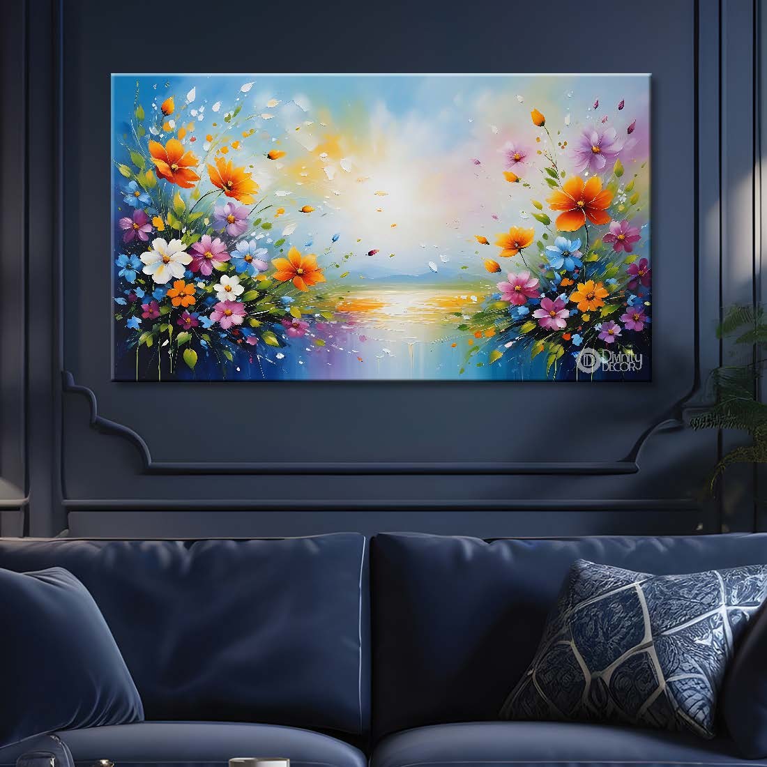 Colorful flowers with sea in sky blue background canvas painting- Flower-653