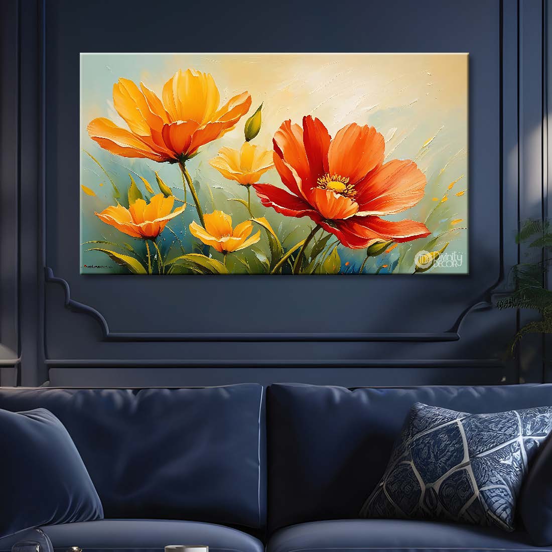 Orange flowers in grey background canvas painting- Flower-655
