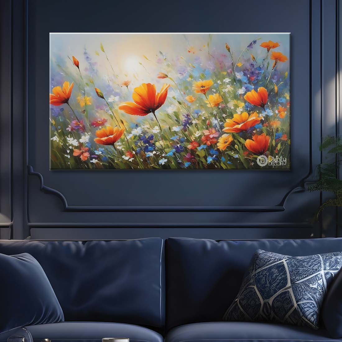 Orange flowers in grey background canvas painting- Flower-656
