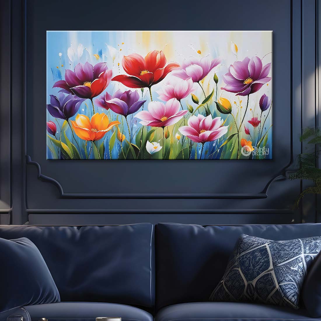 Colorful flowers in sky blue background canvas painting- Flower-657