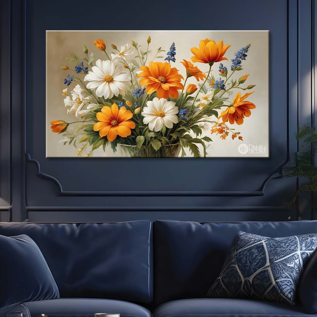 White and orange flowers in light background canvas painting- Flower-658