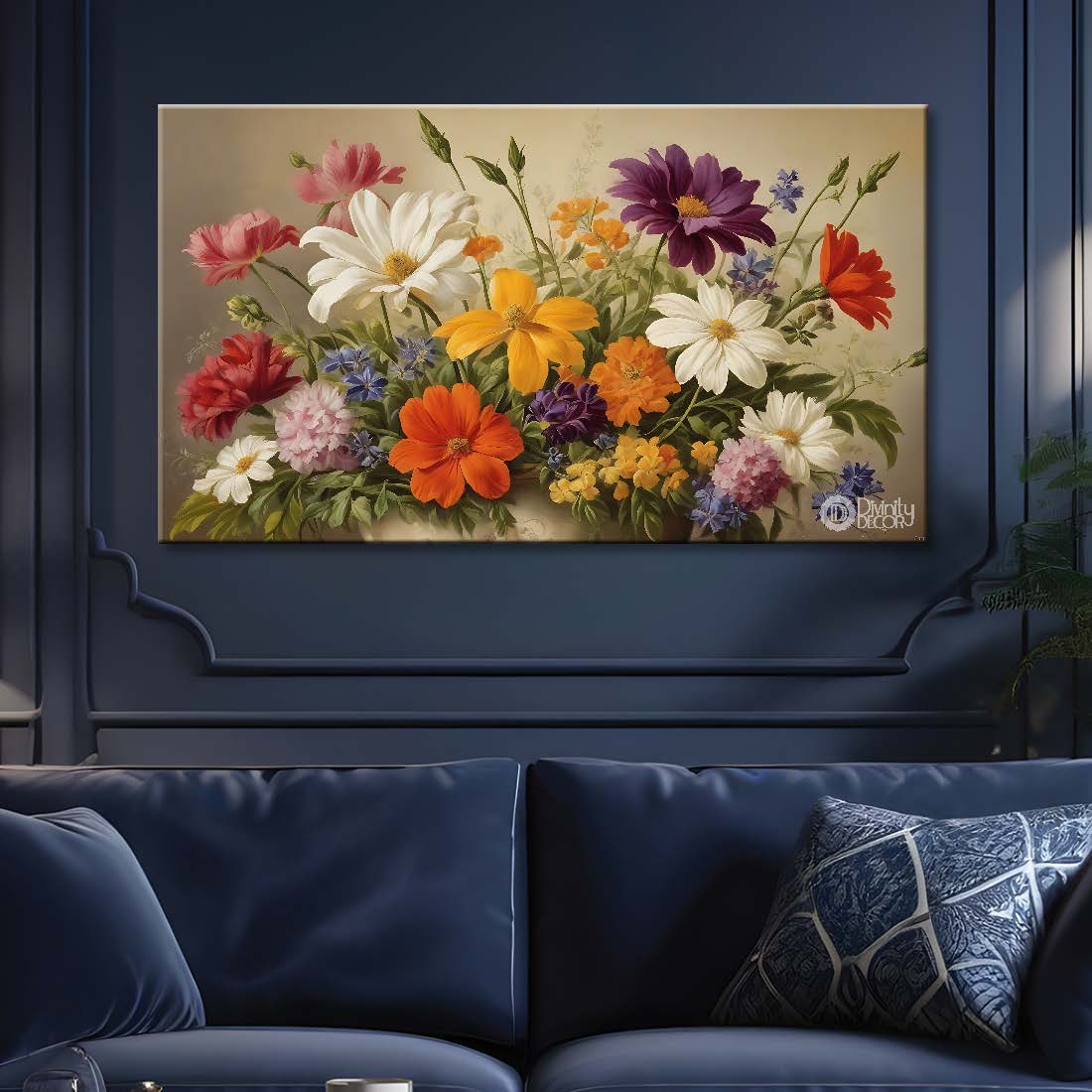 Colorful flowers in light brown background canvas painting- Flower-659