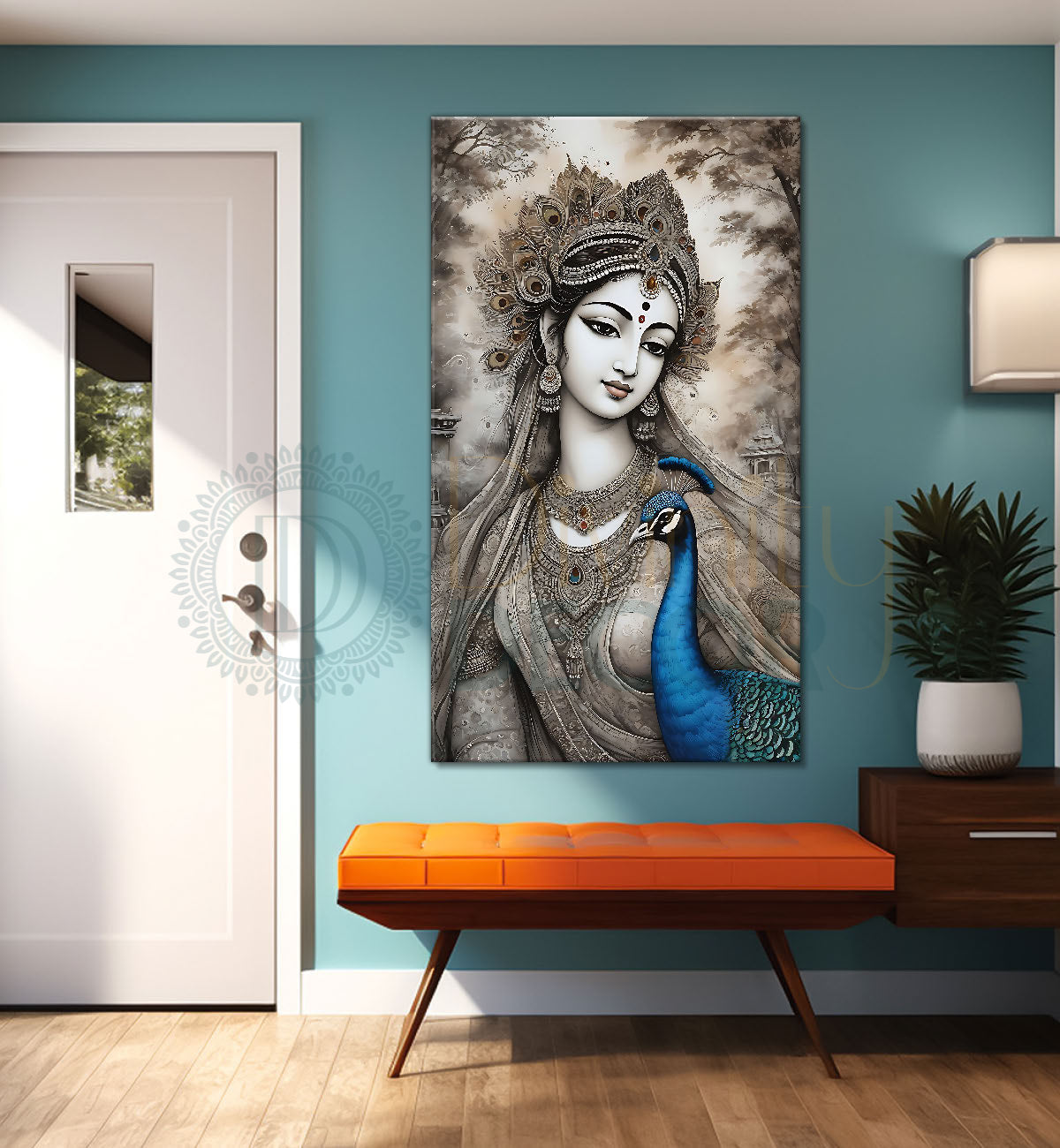 Radha with peacock in grey and light brown water colour textured art Canvas Painting - Design - Krishna-V-65