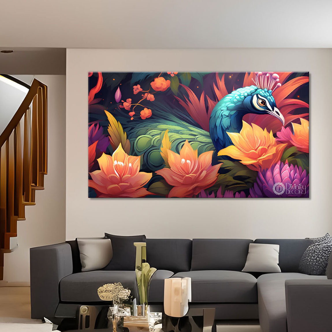 Peacock in bright colors background Canvas Painting - Design - Peacock-66