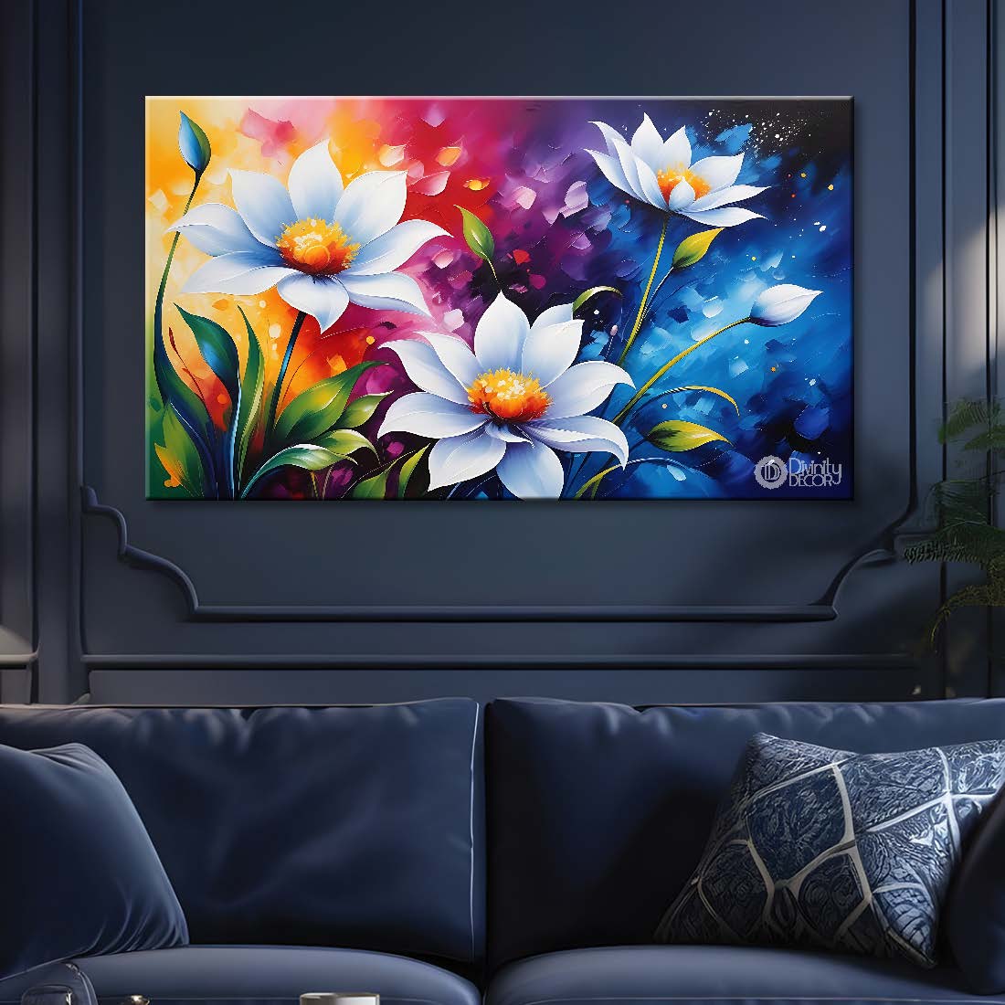 White flowers in colorful background canvas painting- Flower-660